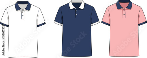 Set of three men polo shirts in white navy blue and pink colors, fashion technical flat sketches for apparel design
