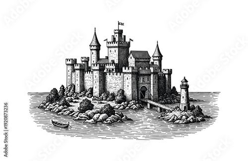 Hand Drawn Engraving Woodcut Illustration of Medieval Stone Castle on Island