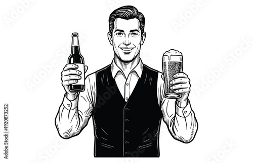 Hand Drawn Engraving Woodcut Illustration of Man Holding Beer Bottle and Glass