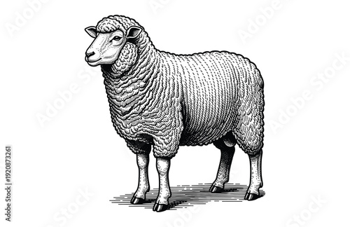 Hand Drawn Engraving Woodcut Illustration of Farm Sheep Standing