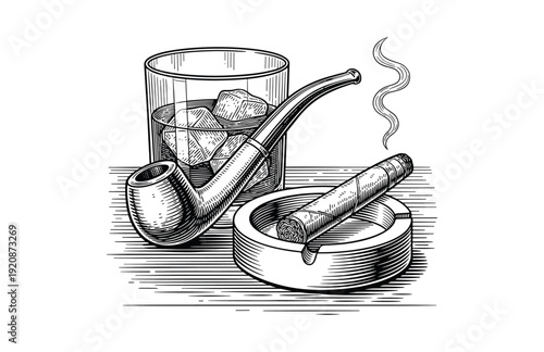 Hand Drawn Engraving Woodcut Illustration of Whiskey Glass with Ice, Cigar and Pipe