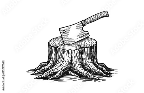 Hand Drawn Engraving Woodcut Illustration of Woodcutter Axe in Tree Stump