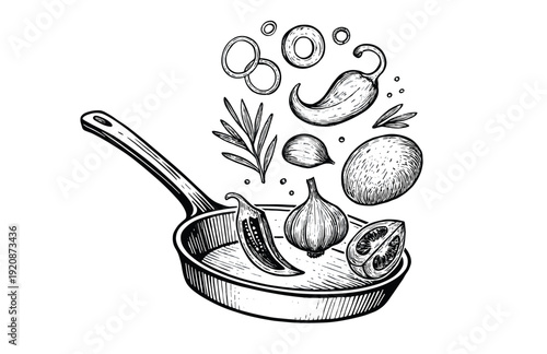 Hand Drawn Engraving Woodcut Illustration of Cast Iron Skillet with Vegetables and Herbs