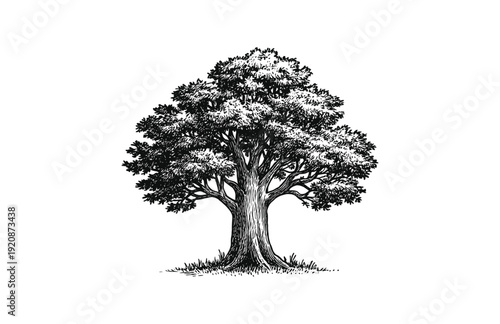Hand Drawn Engraving Woodcut Illustration of Large Oak Tree with Lush Foliage