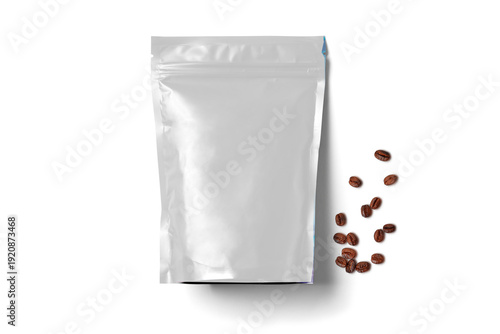 Blank coffee packaging bag with resealable closure isolated on white background, accompanied by scattered coffee beans, suitable for branding, retail packaging, and food product presentation.