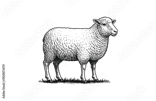 Hand Drawn Engraving Woodcut Illustration of Farm Sheep Standing in Grass