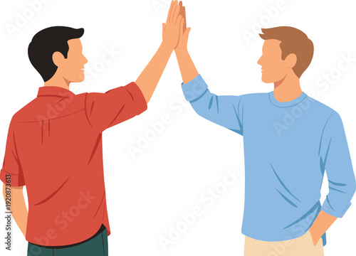 Two men giving high five illustration showing success teamwork celebration friendship flat vector design positive cooperation concept modern style
