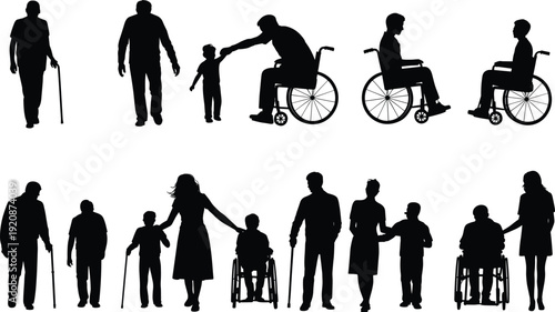 Black and white silhouettes of people with disabilities and caregivers, symbolizing accessibility, inclusion, support, family care, companionship, and diverse human interaction in design concepts