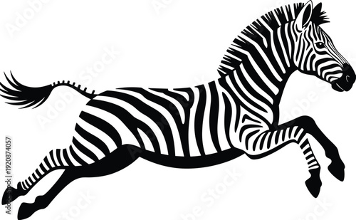Black and white silhouette of a leaping zebra with bold stripes and dynamic posture, symbolizing wildlife, motion, nature, energy, and artistic animal design concepts