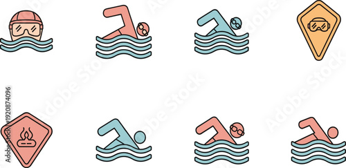 Swimming set with swimmers in water waves, pool safety signs, goggles and swimming cap isolated on white background.