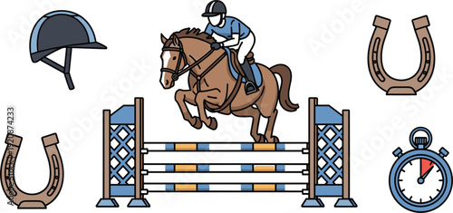 Horse racing set with jockey jumping over hurdle, helmet, horseshoes and stopwatch timer isolated on white background.