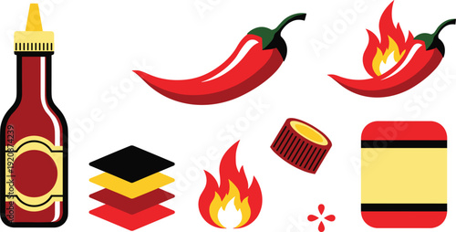 Hot chili pepper set with spicy red sauce bottle, flame icons, sliced peppers and condiments isolated on white background.