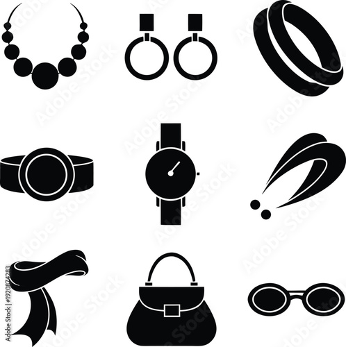 Black and white fashion accessories including necklace earrings bracelet ring watch scarf handbag and