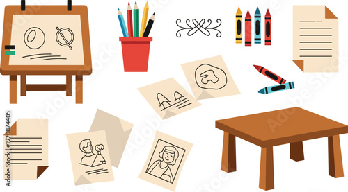 Art and drawing set with wooden easel, table, colored pencils, crayons, sketches and paper sheets isolated on white background.