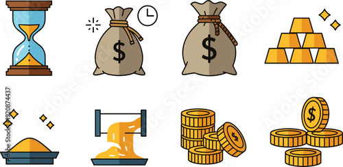 Finance set with gold bars, coins, money bags, hourglass, gold dust and liquid gold pouring isolated on white background.