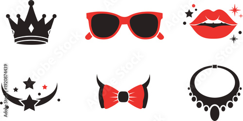 Fashion accessory set with a crown, sunglasses, red lips, bow tie, necklace and decorative stars on white background.