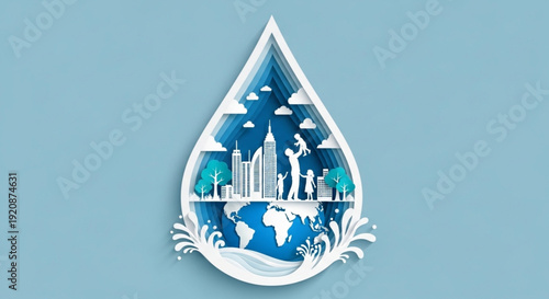World Water Day water conservation concept, featuring earth, family, and city within a water drop, symbolizing environmental protection and sustainable living