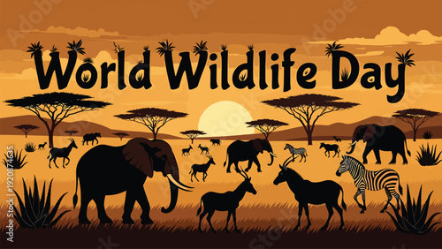 World wildlife day africa savanna landscape with elephants giraffes zebras antelopes and trees sunset sky vector graphic
