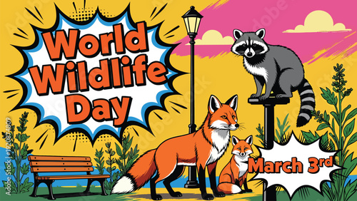 World wildlife day comic book style illustration featuring fox family and raccoon in urban park setting for march third celebration with pop art design elements for