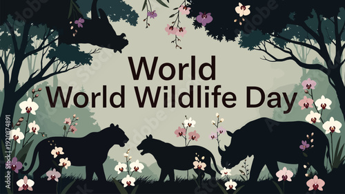 World wildlife day silhouette illustration with tigers and rhinoceros in misty jungle forest landscape featuring delicate orchid flowers and lush green tree foliage