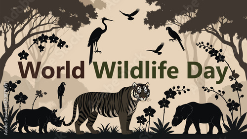 World wildlife day banner showcasing a tiger, rhino, tapir, crane, and parrots in a jungle landscape at dusk, celebrating endangered species