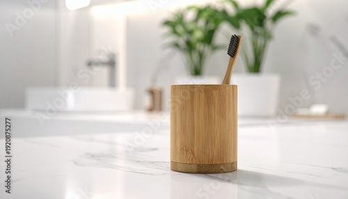 An eco-friendly bamboo toothbrush in a natural wooden cup sits on a clean white marble countertop in a modern bathroom.