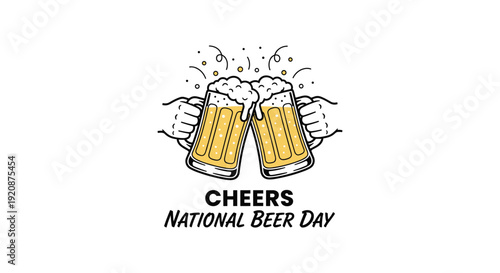 Celebrate National Beer Day with this vibrant vector illustration of two hands clinking beer glasses, perfect for brewery promotions and social media.