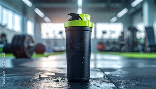 A black and vibrant lime green protein shaker bottle stands on a wet gym floor, with blurred fitness equipment in the background.