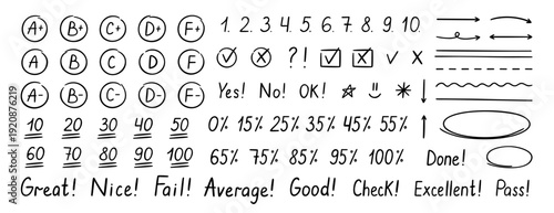 Exam grade doodle icon set. Hand drawn school test results, pen marks, circled numbers, and teacher checks in sketch style. Vector illustration isolated on white background