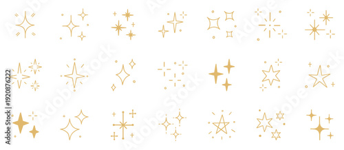 Stars and sparkles doodle set. Golden Christmas blink, firework, glitter silhouette and glowing symbols, comic twinkle effect. Hand drawn illustration isolated on transparent background