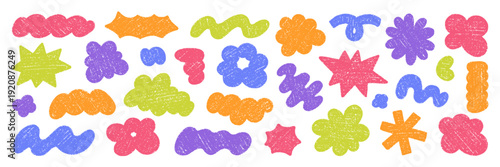 Chalk blob shapes doodle set. Crayon comic cloud and flower forms, organic stickers and groovy figures in sketch style. Grunge texture. Hand drawn vector illustration isolated on white background