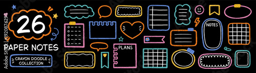 Crayon memo text boxes and doodle frames set. Chalk pencil stickers for planners, notes in sketch style. Grunge textured hand drawn illustrations isolated on black background.