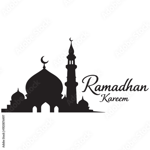 Minimalist black silhouette of mosque with crescent moon and minaret, isolated on white background, with “Ramadhan Kareem” lettering. Islamic holiday greeting design for Ramadan celebration.