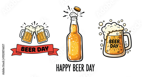 Vibrant vector illustration of beer day celebration featuring a beer bottle and mugs with 'Happy Beer Day' text, perfect for brewery promotions.