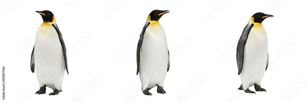 Obraz premium Emperor penguin isolated on white background, Aptenodytes forsteri, Antarctic emperor penguin, marine penguin, underwater flightless bird, ocean wildlife photo, penguin closeup, ocean ecosystem, seabi