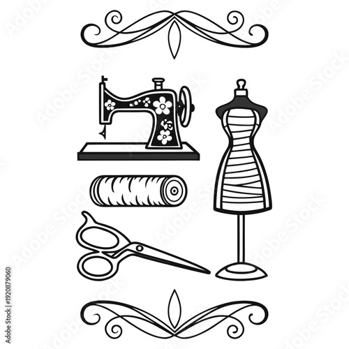 Black and white sewing icons with vintage machine, dress form, textile roll and scissors, tailoring illustration.