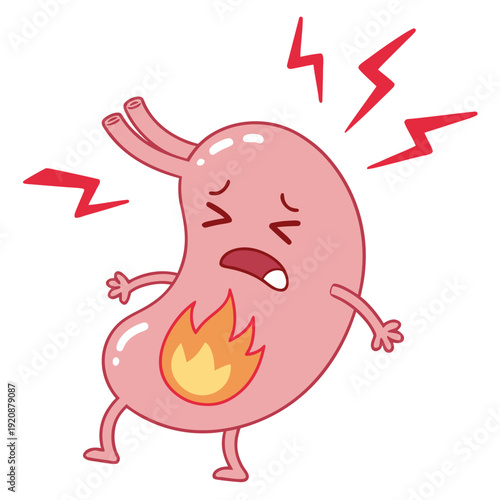 Cute cartoon stomach character with heartburn flames and lightning bolts, digestive pain illustration.
