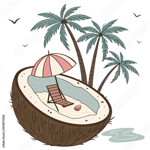 Split coconut shell transformed into tropical beach paradise with sand, deck chair, umbrella and palm trees, whimsical summer illustration.