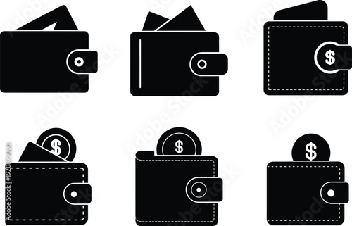 Money wallet silhouette icon set with leather purse, credit card payment, dollar coin savings, financial cash, budget investment, security pocket more vector illustration.