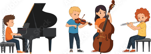 Flat vector set of cute children playing piano violin double bass and flute for classical music education performance talent school and creative arts concept