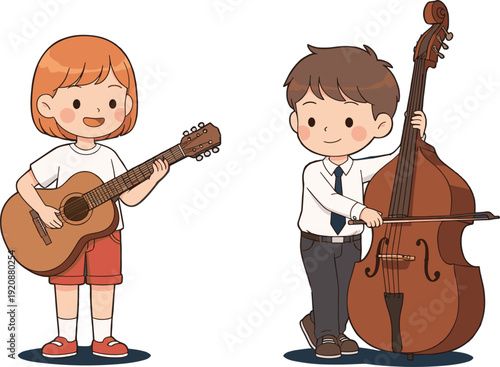Cute children practicing musical instruments including acoustic guitar and classical double bass for music school performance education and creative talent development concept