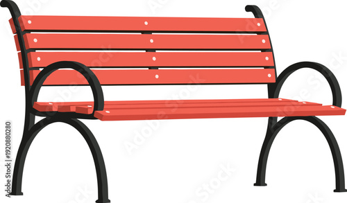 Red wooden park bench with black metal frame isolated on white background for outdoor seating garden furniture city landscape and urban public park architecture design