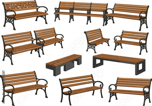 Set of classic wooden park benches with decorative black metal frames for outdoor garden seating public park landscape design and urban furniture