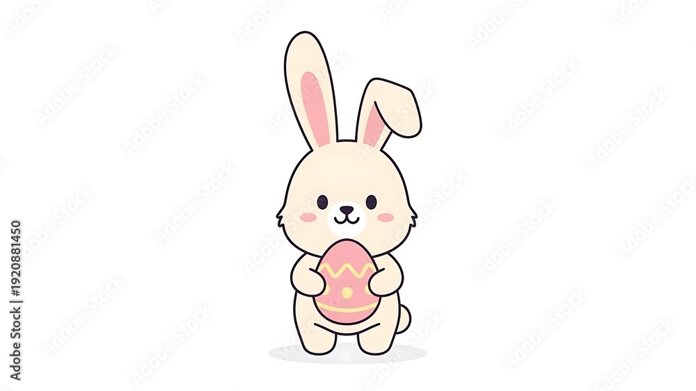 Fototapeta premium Cute cartoon bunny holding a pink egg