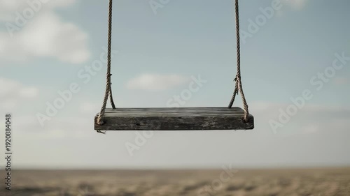 A weathered wooden swing hangs suspended against a soft blue sky and hazy horizon