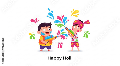 Two joyful children playing holi with colorful water guns and splashes on a white background