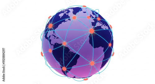 Global network connections on a purple and blue earth globe with orange nodes and blue lines on white background