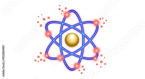 Atomic structure with glowing blue orbits and electrons on white background science concept