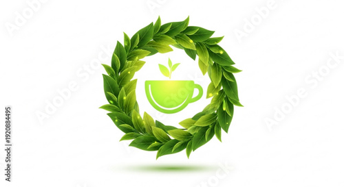 Green tea cup surrounded by leafy wreath on white background symbolizing healthy lifestyle and wellness