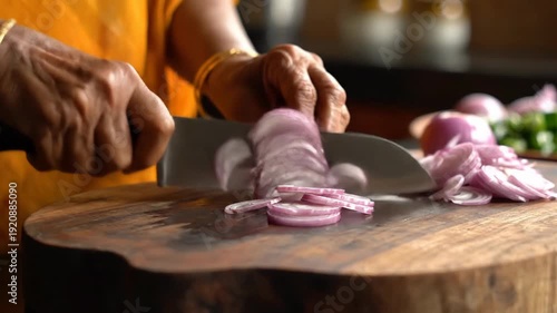 Close-up of hands slicing red onion on a wooden cutting board, preparing food